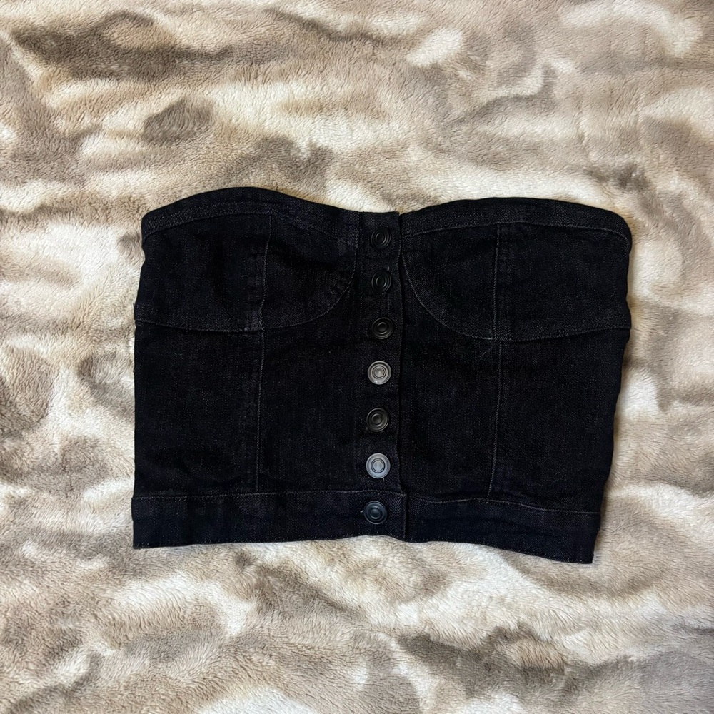 Blanc Clothing Stretch Denim Jean Bustier Button Up Crop Tube Top Small